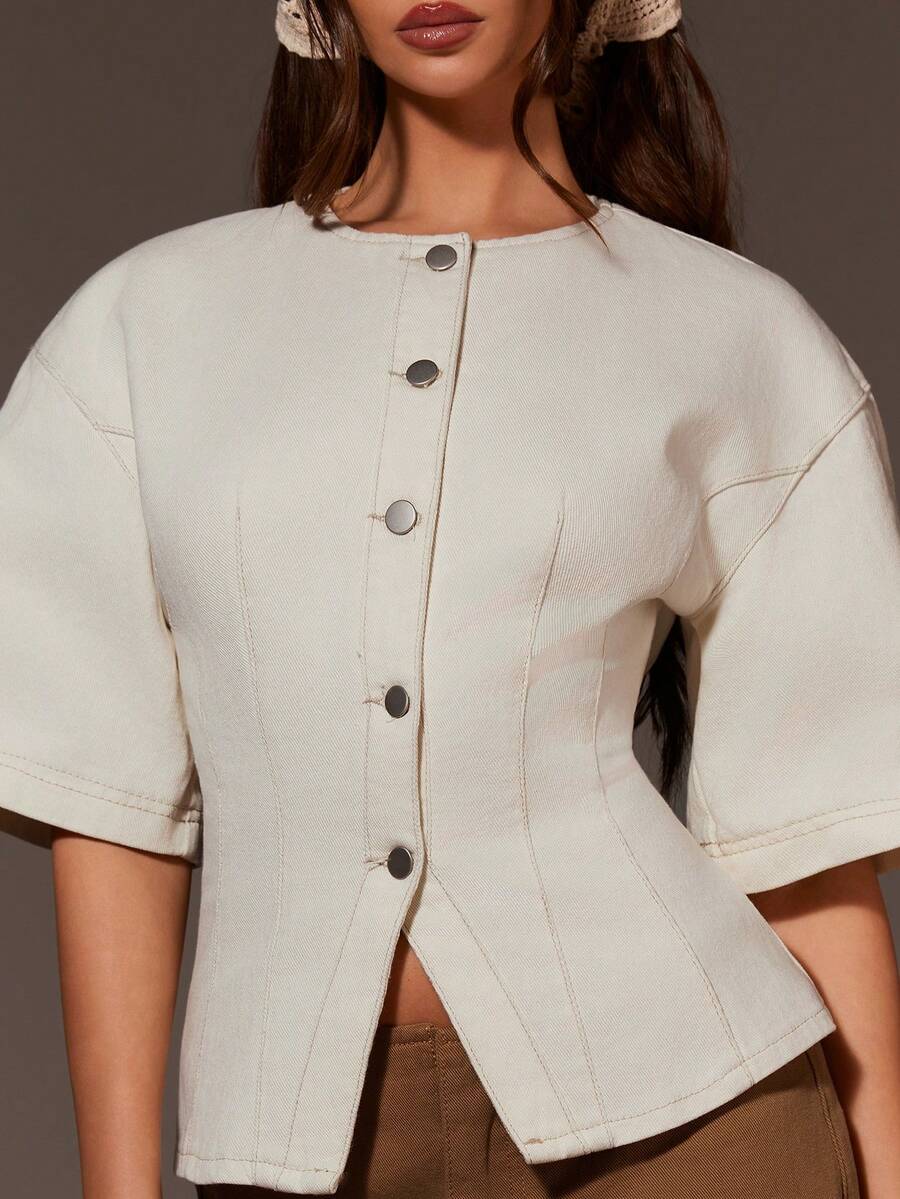 Athîral Denim 女士白色落肩短袖圆领牛仔衬衫,情人节,夏季上衣,休闲女装,夏季假期,度假装,女士节日装,春季,春假,海滩,狂欢节,情人节,女士狂欢节服装,白色牛仔衬衫,白色牛仔上衣 - 米色 - 查看 1
