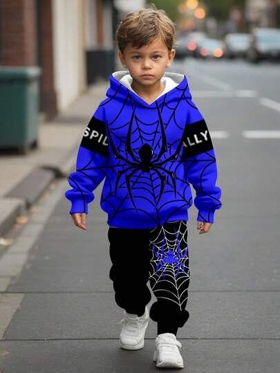 SHEIN Höstnyheter för pojkar, Spindel, Casual, Minimalistisk, Söt, Tecknad Figur, Lös Passform, Avslappnad, Långärmad Huvtröja, 2-delat set, Lämplig för höst/vinter