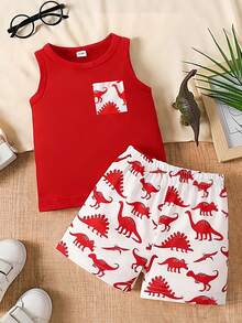 SHEIN 一套男婴恐龙印花背心（带假口袋设计）和恐龙印花短裤，时尚可爱，适合夏季外出穿着 - 彩色 - 查看 3