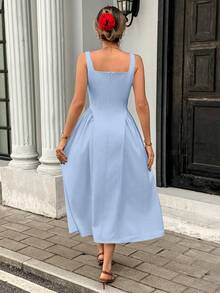 Pariaura Women's Solid Color Pleated Elegant French Style Long Dress, Suitable For Dates And Parties - Baby Blue - View 2
