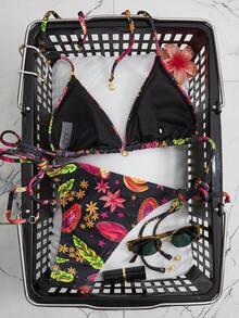 Swim Mod Women's 2-Piece Bikini Set Set, Colorful Fruit Print Halter Neck Bikini With Shell Decor, Suitable For Beach Vacation - Multicolor - View 2