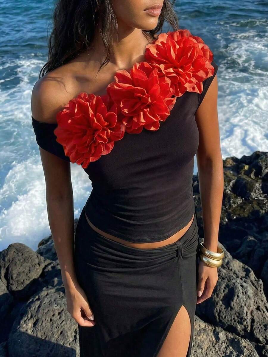 Nevyona Women's Asymmetrical Neck Three-Dimensional Flower Decorated Velvet T-Shirt,Black And Red,Summer,Elegant,Vacation,Holiday,Valentine's Day Style Tight Top - Black - View 1