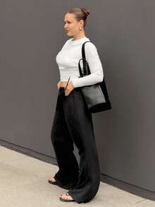 Kuleshova 女士超低腰休闲直筒棉质长裤 - 黑色 - 查看 6