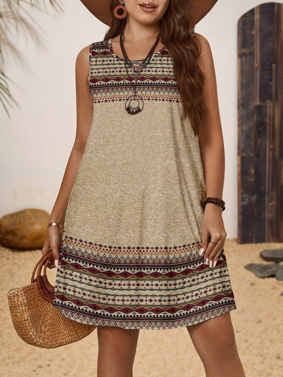 EMERY ROSE Robe ronde sans manches à imprimé plume et géométrique, style minimaliste décontracté pour femmes grandes tailles. Convient pour les vacances d'été