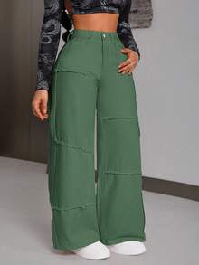 SHEIN Tall Women's Casual Fashion Street Loose Frayed Hem Wide Leg Jeans - Green - View 4