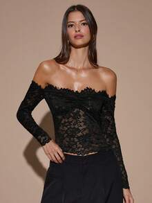 SHEIN Tall CURVE Áo dài tay xuyên thấu phối ren, màu trơn, trễ vai dành cho nữ cỡ lớn - màu đen - Xem 7