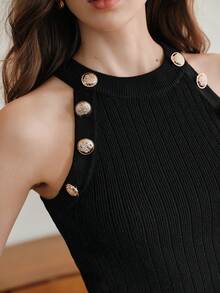 Anewsta Elegant Metal Buckle Knit Camisole, Versatile Sleeveless Spaghetti Strap Sexy Party Top, Black - Black - View 2