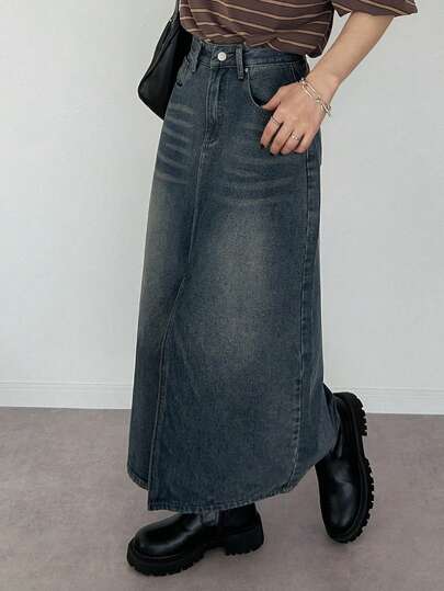 FRIFUL 女士纯色斜插口袋休闲百搭牛仔迷你裙