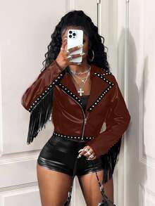 SHEIN BamGlam 时尚短袖流苏装饰朋克串珠PU流苏外套 - 棕色 - 查看 5