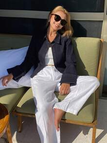 DAZY 女士翻领收腰短款长袖优雅性感修身水洗牛仔上衣 - 深色水洗藍 - 查看 2