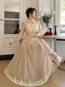 DAZY Women's Elegant Lace Patchwork Belted Long Slip Dress With Collar, 2 Pieces Set - Khaki - View 1