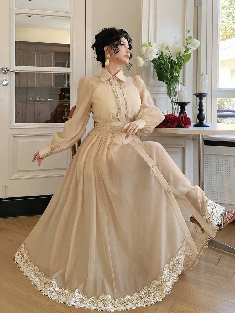 Women's Elegant Lace Patchwork Belted Long Slip Dress With Collar, 2 Pieces Set Sundress