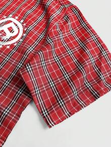 ROMWE MEN 男士休闲格子天使儿童英文印花短袖衬衫套装 - 紅色 - 查看 4