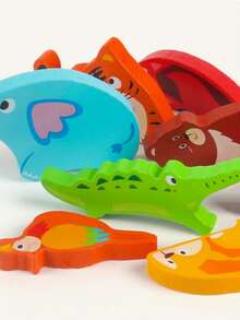 1件装木制创意3D拼图积木，包含交通、动物和水果图案，兼具认知和拼图功能，创意主题卡通叠叠乐玩具 - 彩色 - 查看 2