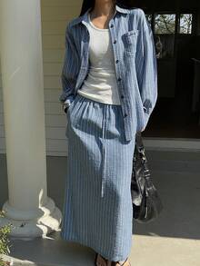 DAZY 2件套女士条纹宽松长袖翻领衬衫和直筒长裙休闲度假套装，春夏款 - 藍色 - 查看 7