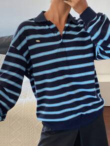 DAZY Women's Loose Fit Contrast Striped Polo Collar Long Sleeve Pullover Casual Top, Spring/Autumn - Blue - View 4