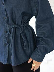 Livesso Women's Western Style Solid Color Tie-Up Loose Turndown Collar Long Sleeve Casual Denim Blouse, Spring & Summer - Blue - View 5