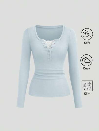 Sweetra Women's Lace Trim Mock Neck Long Sleeve Solid Color T-Shirt, Autumn