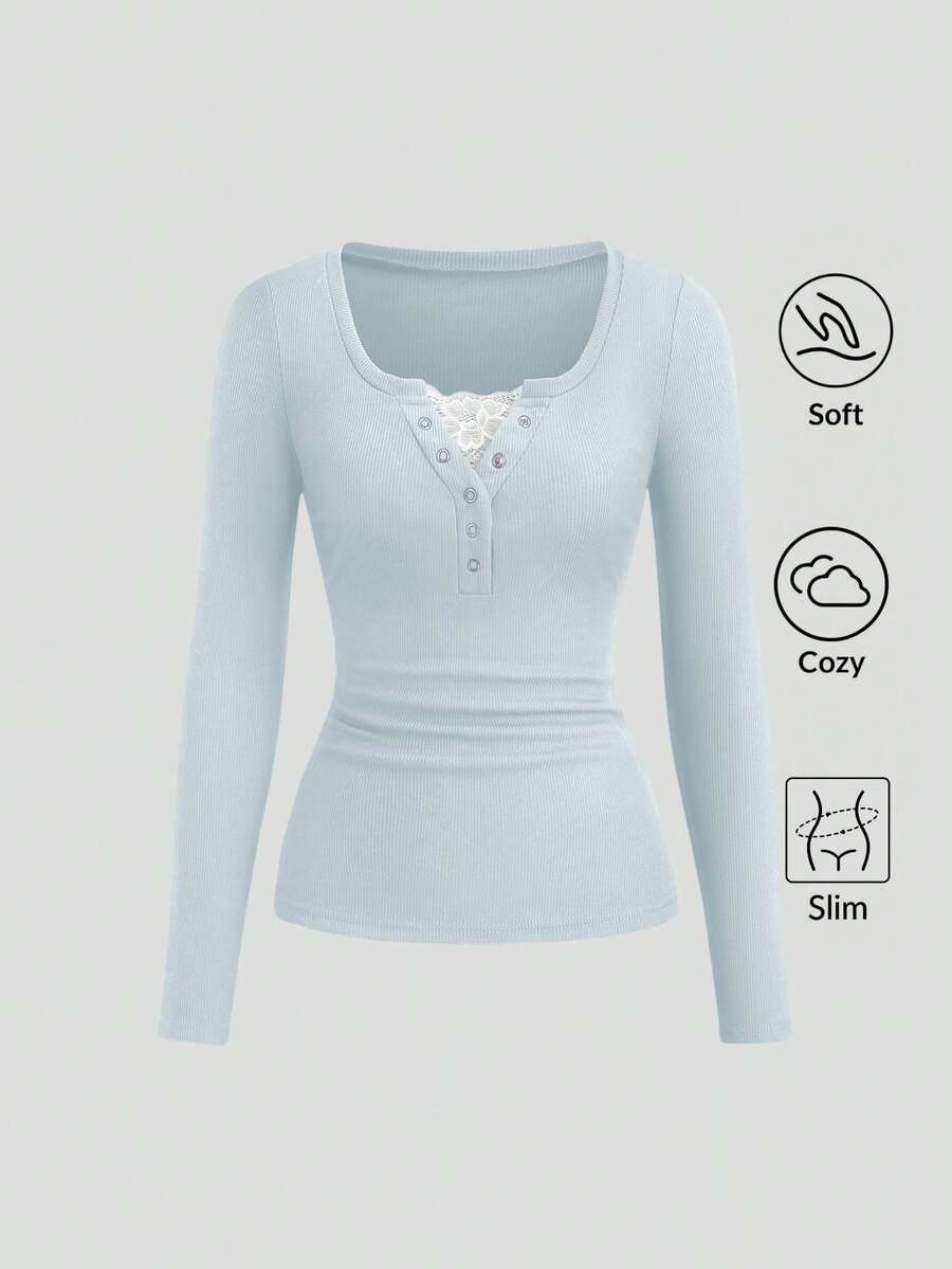 Sweetra 女士蕾丝边饰高领长袖纯色T恤，秋季款 - 霧霾藍 - 查看 1