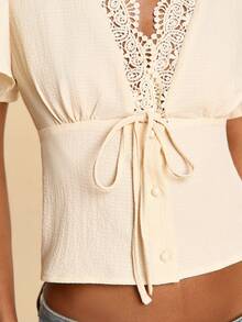 Travachic Women's Romantic Lace Trim Tie Front Cropped Shirt, Summer - Pink - View 8