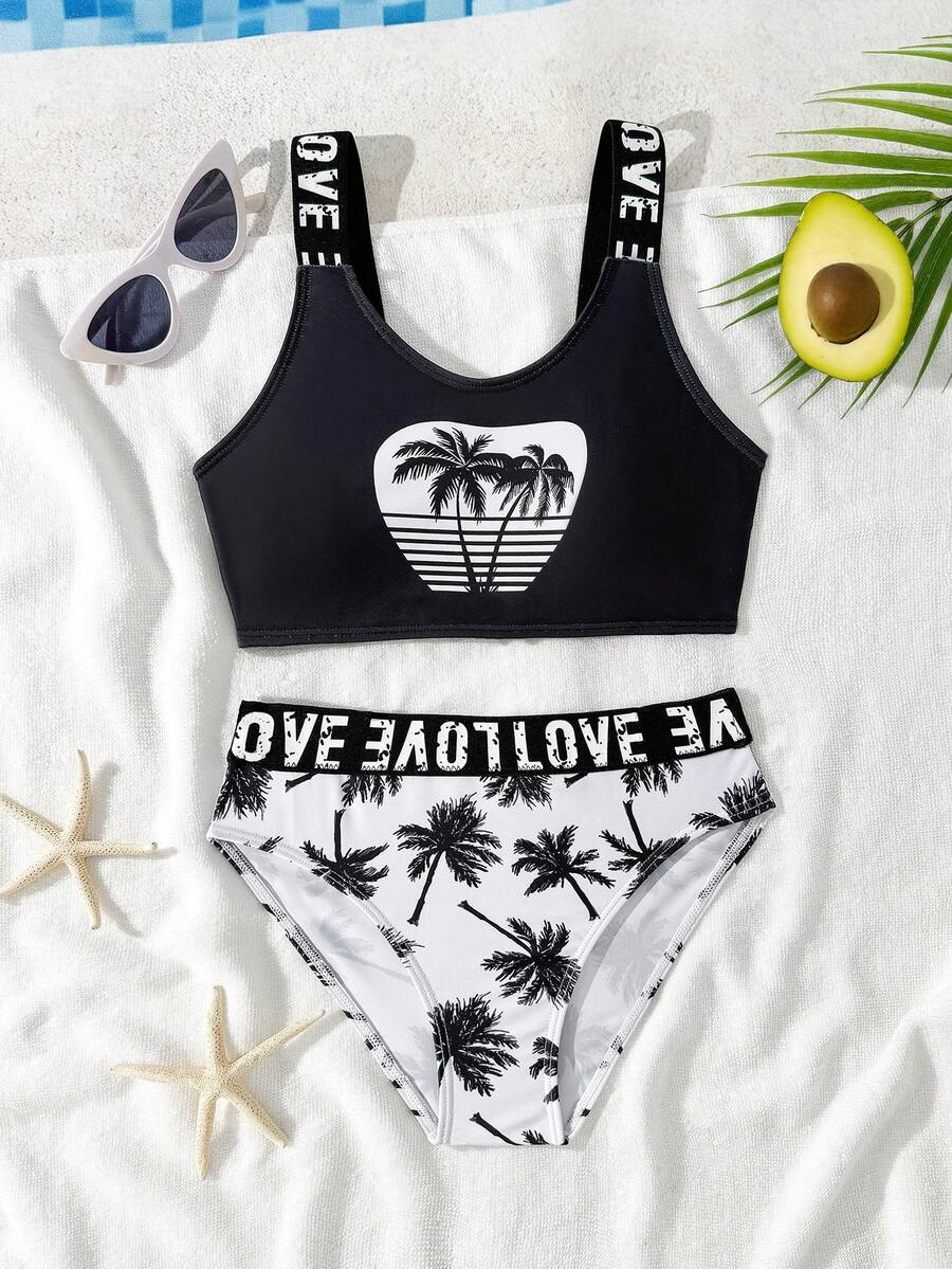 女孩们喜欢这款丝带黑色椰子树印花泳衣，沙滩度假运动泳装 - 黑色 - 查看 1