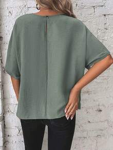 Flexra Solid Color Round Neck Batwing Sleeve Loose Casual Fashion Shirt Brunch Sage Green Summer Office - Green - View 2