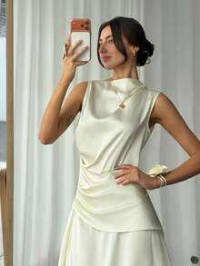 Aloruh Đầm dự tiệc bằng vải satin màu mơ, kiểu quấn, thắt eo, xếp ly vai dành cho nữ. - Màu be - Xem 7