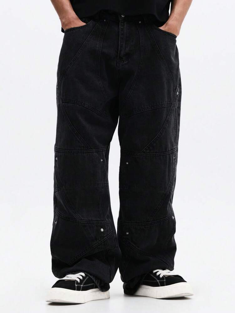 Paneled Balloon Fit Jeans With Geometric Seaming