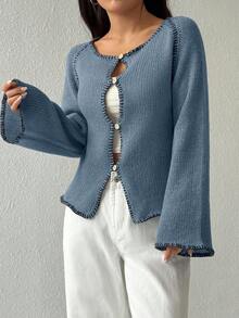 SHEIN Unity Women's Contrast Trim Scoop Neck Flare Sleeve Casual Button Front Cardigan - Teal Blue - View 5