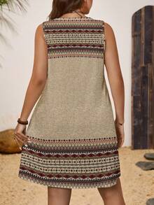 EMERY ROSE Robe ronde sans manches à imprimé plume et géométrique, style minimaliste décontracté pour femmes grandes tailles. Convient pour les vacances d'été