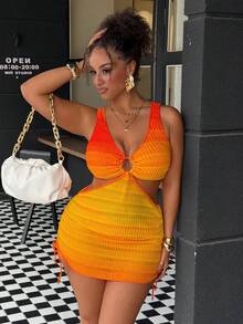 Vaytide 2 件套女士加大码渐变色宽肩带镂空抽绳腰性感分体泳衣套装，时尚度假装