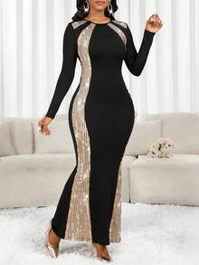 SHEIN Lady 女士亮片拼接圆领长袖修身连衣裙，优雅迷人 - 彩色 - 查看 3