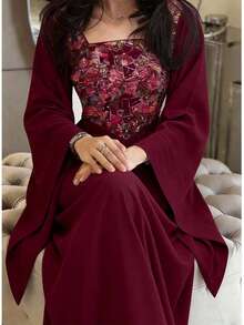 Al Najma 女士亮片拼接方领优雅长袖阿拉伯风格连衣裙 - 紅色 - 查看 2
