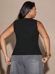 SHEIN BAE 大码女式黑色V领金属纽扣上衣 - 黑色 - 查看 2