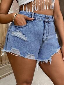 SHEIN CURVE+ Women's Plus Size Blue Denim Shorts Comfortable Elastic Waist Ripped Shorts Casual Western Cowboy , Curve Plus , Boho Vacation - Dark Wash - View 3