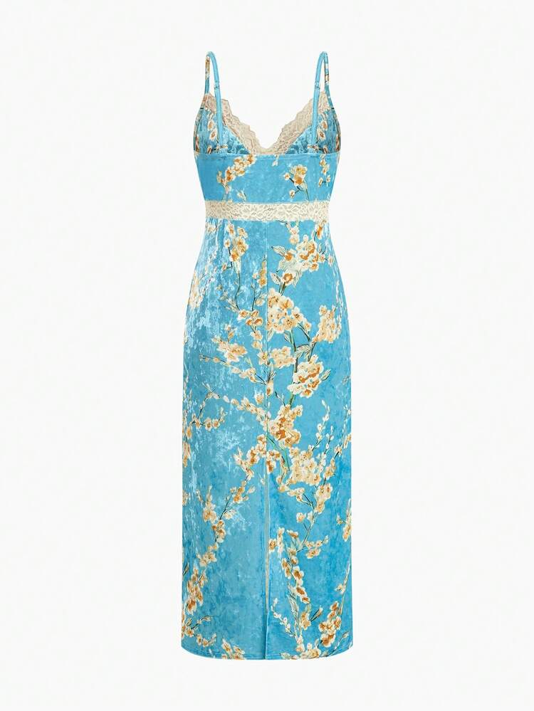 レース パッチワーク フローラル プリント ベルベット キャミソール ナイトドレス