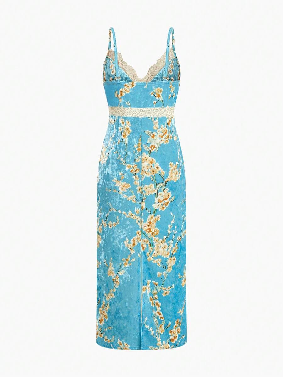 MOTF PREMIUM LACE PATCHWORK FLORAL PRINT VELVET CAMISOLE SLEEP DRESS - Blue - View 2