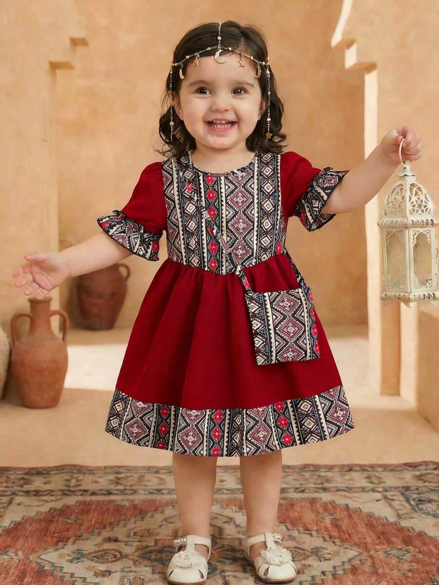 Vestido de manga corta de verano para niñas bebé con estilo de Oriente Medio + bolso a juego, conjunto versátil, de moda y cómodo - Rojo - Ver 1
