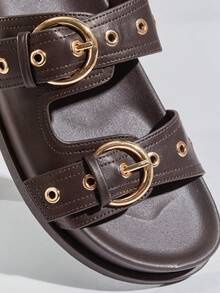 SHUZIA Women's Replica Superior Comfort Buckled Double Strap Slip-On Flat Sandals Summer Shoes - Chocolate Brown - View 8