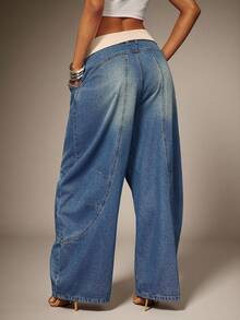 Denimoi Rib Fold Over Baggy Fit Barrel Jeans Fashionable Streetwear - Light Wash - View 2