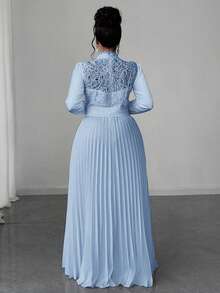 Maweii Plus Size Women Elegant Patchwork Waist Cinched Long Dress - Baby Blue - View 2