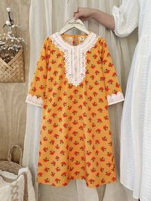 SHEIN Vintaside Kids Girls' Orange Floral Long Sleeve Dress, Fashionable Lace Design Casual Wear For Spring/Autumn - Orange - View 4