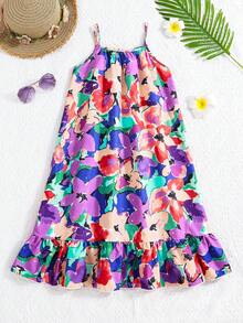 女童彩色碎花无袖荷叶边下摆休闲度假连衣裙 - 彩色 - 查看 2