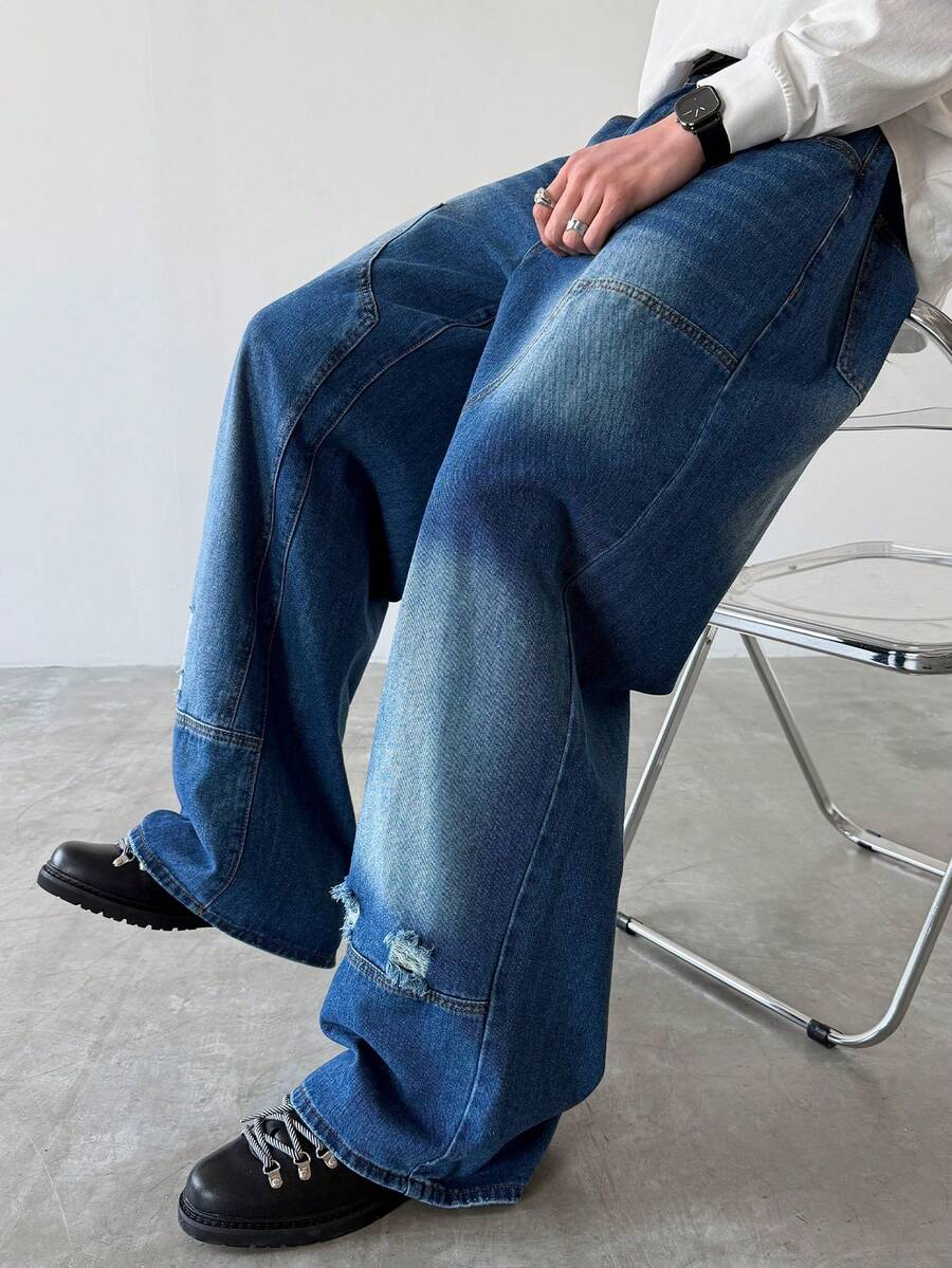 Manfinity Hypemode Premium Washed Blue Patchwork Distressed Wide Leg Jeans Men Wide Leg Jean - Blue - View 1