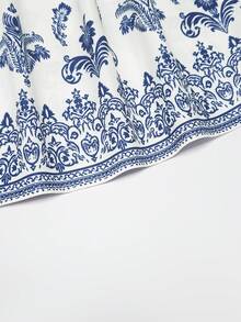 Franclia Versatile Classic Elegant Casual Chic Vacation Style Fashion Charming Urban Business Office Commute Playful Valentine's Day Date Party Beach Dress With Square Neck And Digital Printed Short Sleeves - Blue and White - View 7