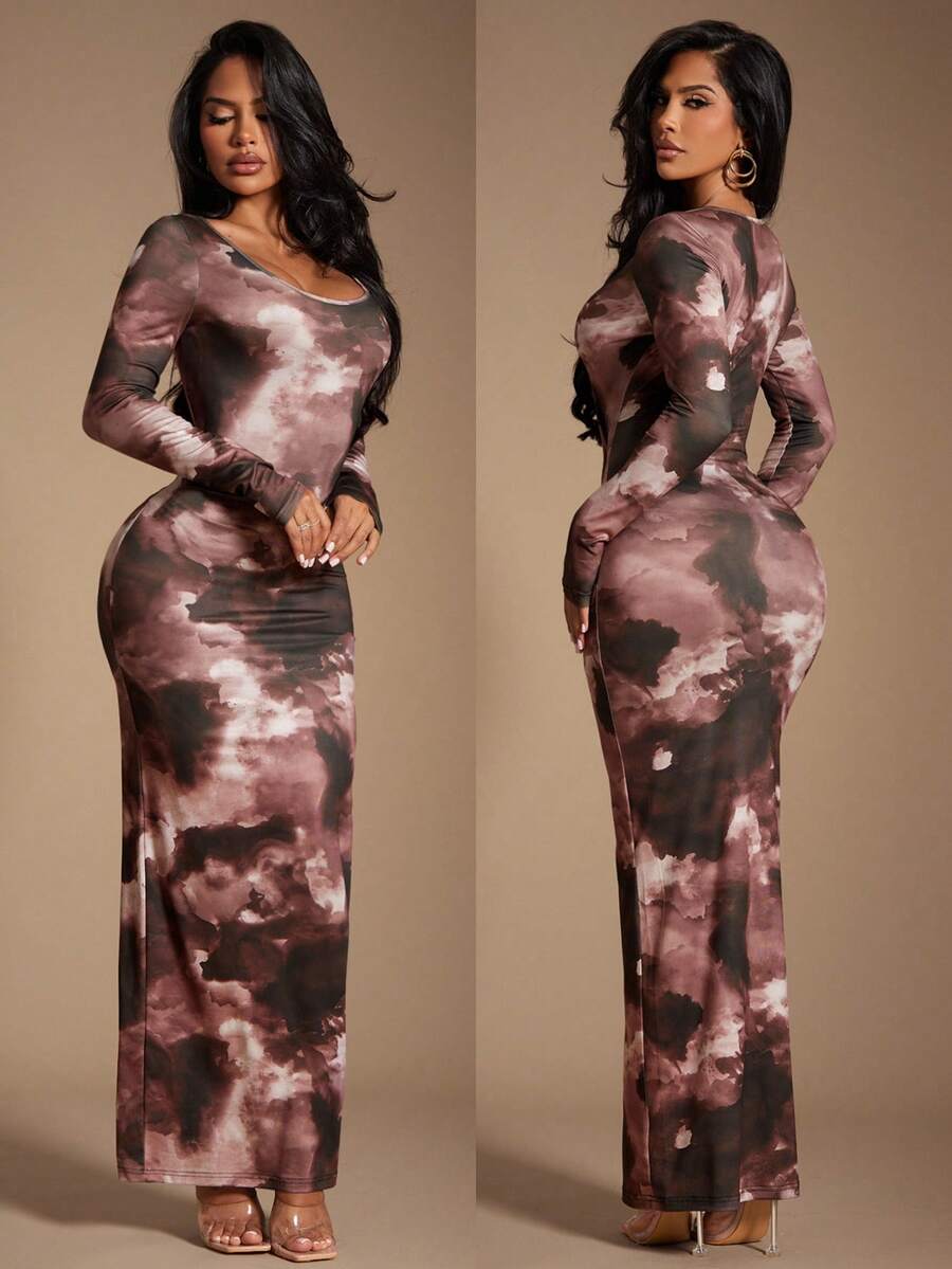 Radiana 女士休闲优雅棕色扎染图案修身连衣裙，长袖，舒适休闲，适合居家、日常穿着、约会、通勤，面料柔软有弹性，基础款连衣裙 - 彩色 - 查看 1