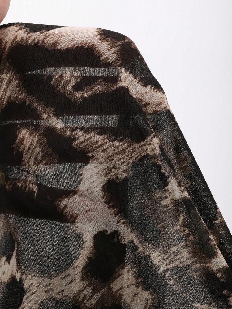 Women's Leopard Print Chiffon Blouse With Tie Collar, Loose Fit Long Sleeve Casual Street Shirt