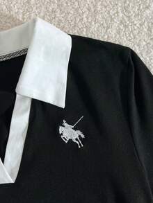 Teen Girl Casual Everyday Work Commute Contrast V-Neck Embroidered Long Sleeve Pleated Slim Fit T-Shirt And Drawstring Waist Wide Leg Pants Set, Spring/Autumn - Black - View 6