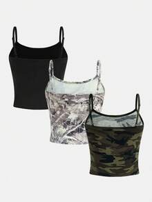 3件套少女印花针织吊带背心，休闲时尚，百搭，适合派对、郊游、与朋友拍照、公园、露营、度假、日常穿着。 - 彩色 - 查看 2