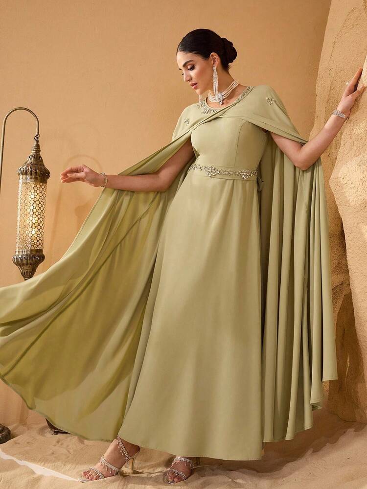 Modelyn Elegant Romantic Computer Rhinestone Decor Cinched Waist Young Women's Fashion Dress - Mustard Yellow - View 4